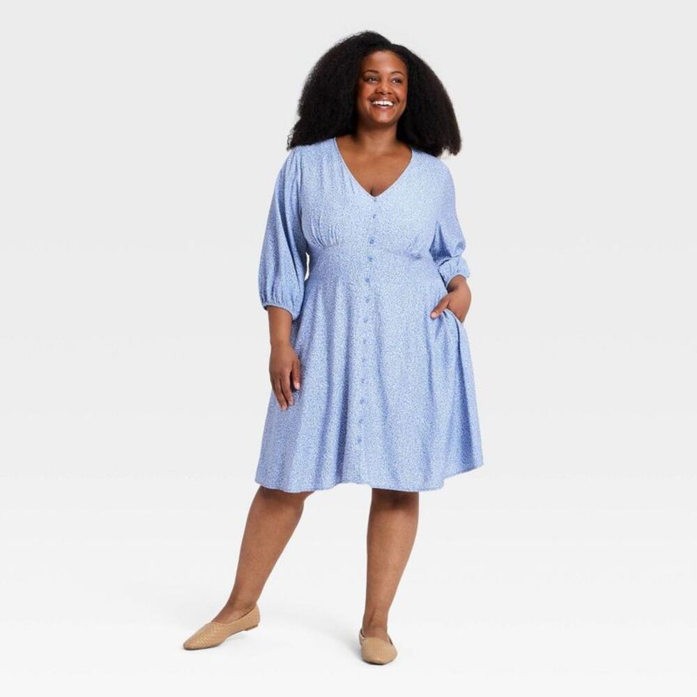 Women's Plus 3/4 Sleeve Button-Front Mini Dress - Blue/White Floral 3X